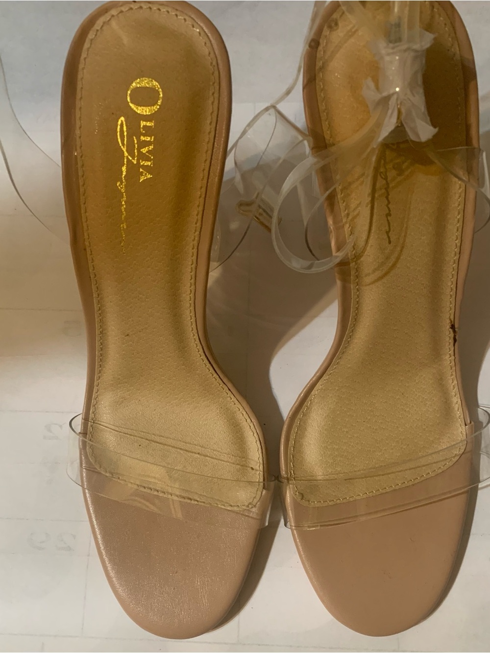 North by Olivia Jaymes nude ankle strap chunky block lucite heel sandals.